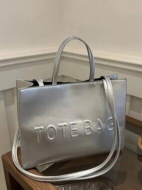Silver Embossed TOTE BAG Handbag - Vegan Leather Shoulder Bag for Women